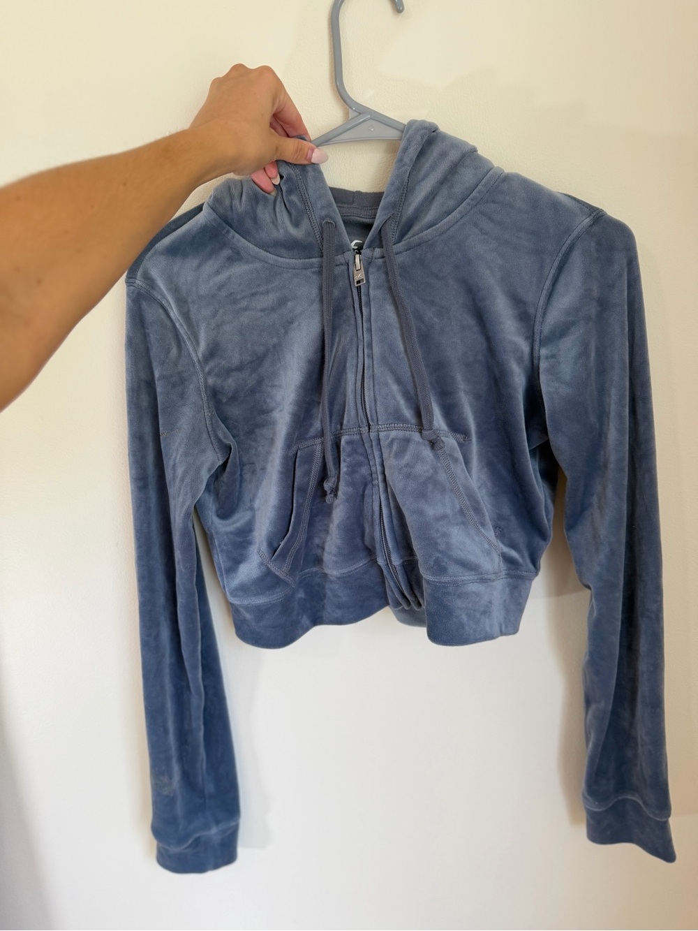 Hollister Dusty Blue Velour Cropped Zip Hoodie